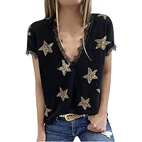 Women V Neck Summer Star Print Short Sleeve Lace Patchwork T-Shirts Blouse Tops Plus Size