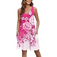 Plus Summer Dresses for Women 2024 Bohemian Dress for Women 2024 Summer Fashion Print Pretty Slim Fit Dress Sleeveless V Neck Dresses with Pockets Hot Pink Large