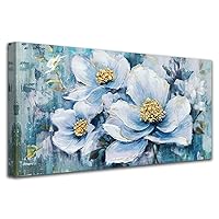 Flowers Painting Florals Canvas Landscape Wall Art Textured Picture, Abstract Botanical Modern Grayish Blue Print Artwork Framed for Living Room Bedroom Office Home Decor Large 40
