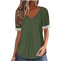 Womens Tops Eyelet Embroidery Summer Fashion Clothes Y2K Going Out Casual Lace Trim Short Sleeve Blouse T Shirts
