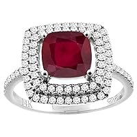 Sabrina Silver 14K Gold Enhanced Genuine Ruby Ring Cushion-Cut 7x7 mm Double Halo Diamond Accents, Sizes 5-10