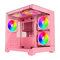 Apevia Prism-PK Prism Micro-ATX Gaming PC Cube Case w/ 5X 120mm ARGB Fans, 366 RGB Modes, Dual Tempered Glass Panels, 240mm Radiator Support, 1X USB3.0, 2X USB 2.0, HD Audio Port, Pink