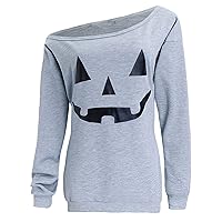 Women Halloween Pullover Shirts Slouchy Pumpkin Long Sleeve Sweatshirts Off Shoulder Tops