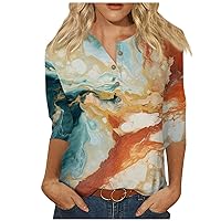 3/4 Sleeve Flower Shirts for Women Fitted Button Down Casual Blouses Summer Tops Dressy Trendy Printed Graphic Tees