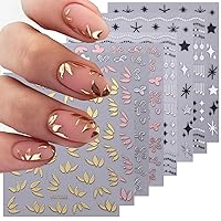 8PCS Metallic Nail Art Stickers Decals 3D Self-Adhesive Simple, Elegant Leaves, Flowers, Rose Gold, Silver, Black White Star Nail Design for Women Holographic Petal French Manicure DIY Decorations