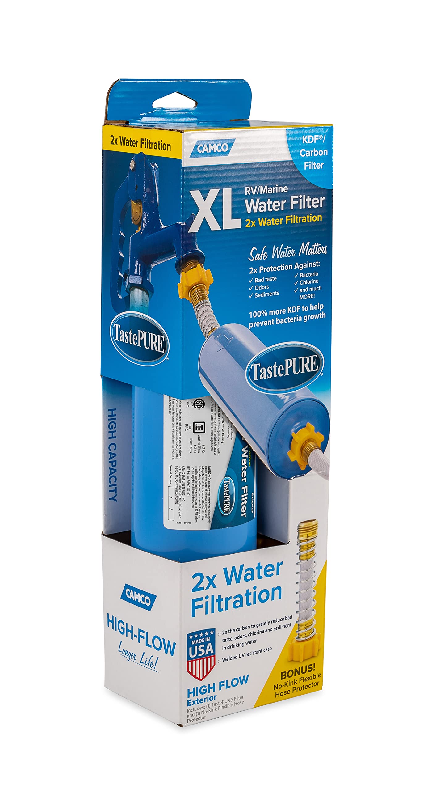 Camco 40019 TastePURE Inline XL RV Water Filter with Flexible Hose Protector | Protects Against Bacteria | Reduces Bad Taste, Odor, Chlorine and Sediment,Extra Large Filter & Hose Protector , Blue