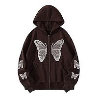 Women Zip Up Hoodies Butterfly Heart Print Gothic Style Long Sleeve Hoodlies Zipper Thermal Hoodie with Pocket Coats