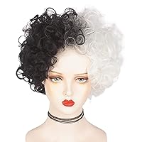 Black and White Wig for Cruella de Vil Costume Cosplay Short Curly Fluffy Afro Half Black Half White Wig Heat Resistant Synthetic Cosplay Wigs for Halloween Christmas Carnival Party