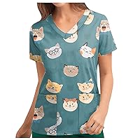 Long Sleeve Shirts for Women Cute Print Short Sleeve V-Neck T-Shirts Top Work Uniform Tops with Pockets