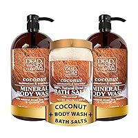 Coconut Body Wash- Pack of 2 (67.6 fl. oz) and Bath Salts - Large 34.2 OZ. HUGE BUNDLE