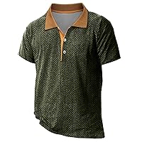 Men's Polo Shirt Vintage Texture Printed Short Sleeve Shirt Classic Elegant Button Down Lapel Breathable Casual Shirt