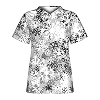 Women V-Neck Working Uniform T-Shirt Floral Printed Turtleneck Short Sleeve Tank Top Comfy Fleece Pullover Women