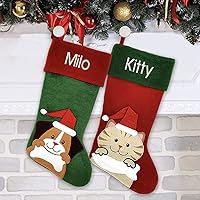 Personalized Christmas Stocking - Cat Design - Embroidered Name - Large 18.5inch, Traditional Red and Green, Family Holiday Season Decor
