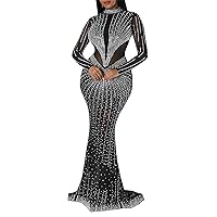 Womens Sexy Long Sleeve Turtleneck Mesh Rhinestones Luxurious Party Clubwear Long Prom Dress