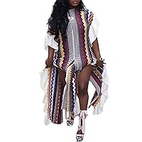 Womens Knit Sweater Maxi Dresses 2024 Ruffle Sleeve High Split Striped Color Block Loose Long Dress