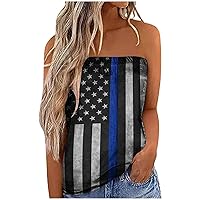4th of July Women Frill Trim Patriotic Tube Tops Summer American Flag Off Shoulder Sleeveless Casual Loose Bandeau