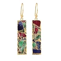 Guntaas Gems Unique Mojave Multi Jade Mohave Copper Turquoise Brass Gold Plated Bar Shape Handmade Drop Dangle Earring