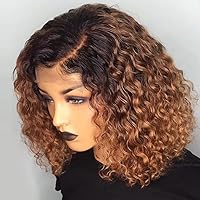 #1BT30 Ombre Color Short Bob Curly Hd Invisible Lace Front Wigs 13X6 Side Deep Part Human Hair Wigs For Black Woman Pre Plucked Brazilian Remy Hair Short Deep Wave Transparent Lace Wig 8
