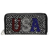 HE Bling Rhinestone Zip Wallet for Women Purse (7384 Black)