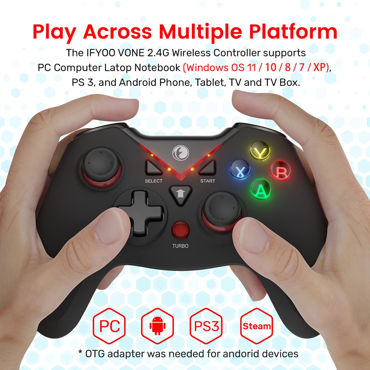 IFYOO VONE 2.4G Wireless Game Controller, Dual-Vibration Gaming Gamepad Joystick for PC Windows 11 10 8 7 Steam, PS3, Android Phone Tablet TV, Laptop Notebook Computer - Red, 2x White Joystick Caps