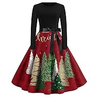 Women's Christmas Dresses Vintage Casual Fashion Round Neck Long Sleeve Printed Dresses, S-2XL