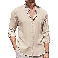 COOFANDY Men's Linen Button Down Shirt Long Sleeve Casual Button Up Beach Summer Shirts Banded Collar
