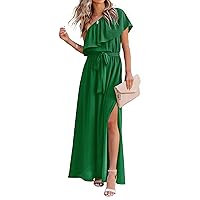 KIRUNDO Womens Summer Maxi Dress Ruffle One Shoulder High Waist Split Beach Party Wedding Guest Long Dresses with Belt