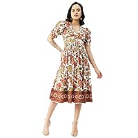 Printed Cotton Flared Dress, V-Neck Puffed Sleeves Maxi Dress for Women