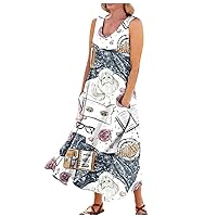 Floral Dress for Women U Neck Casual Summer Party Dress Cute Printed Sleeveless Maxi Sundress with Pocket