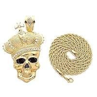 Skull with Crown Ruby Red Eyes Gold Color Pendant on 24 Inch Rope Necklace