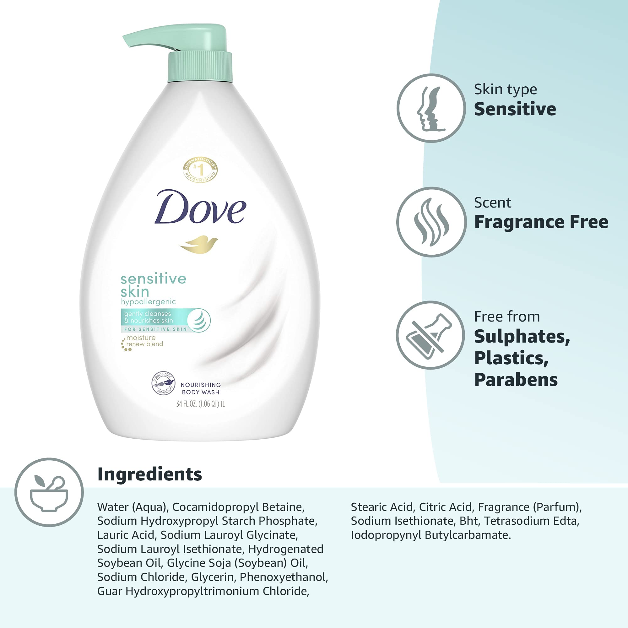 Dove Body Wash for Softer and Smoother Skin Sensitive Skin Effectively Washes Away Bacteria While Nourishing Your Skin, 34 oz