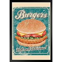Burgers Hot and Delicious Retro Art Print Black Wood Framed Poster 14x20