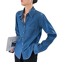 Kissonic Women's Casual Button Down Denim Shirt Long Sleeve Blouses Tops with Pockets