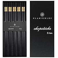 GLAMFIELDS 5 Pairs Premium Chopsticks Reusable Dishwasher Safe 9.5 Inch Fiberglass Chop Sticks Gift Set Non Slip Black+Gold