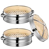 Bamboo Steamer 2 Tiers Bamboo Steamer Basket with Lid and Binaural Handle Hollow Dumpling Steamer with Stainless Steel Ring for Cooking Dim Sum, Buns, Vegetables 7.9 Inch.