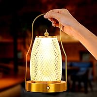 GZKPL Crystal Table Lamp, Dimmable 3 Colors LED Gold Lamp Touch Control Diamond Desk Lamp Rechargeable Cordless Battery Operated Night Light for Bedroom, Living Room, Restaurant (1 Lamp)