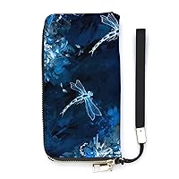 Watercolor Dragonfly, Flower Novelty Wallet with Wrist Strap Long Cellphone Purse Large Capacity Handbag Wristlet Clutch Wallets