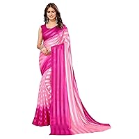 Indian Women's Casual Wear Saree Georgette Satin Stripe Pattern Sari With Unstitched Blouse