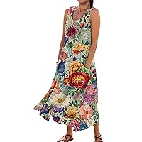 Long Floral Dresses for Women, Women's Casual Sleeveless Cotton with Pocket Dress Short Pockets, S XXXXXL