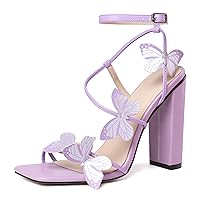 AUMOTED Womens Sandals Chunky Block High Heels Butterfly Wings Heeled Sandals Strappy Open Square Toe Summer Dress Shoes 4 Inch