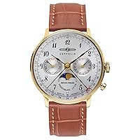 Zeppelin Series LZ129 Hindenburg Multifunction Unisex Day/Date Moon Phase Analog Watch Goldtone and Brown 7039-1