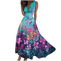 Lenago Spring Dresses for Women 2024, Summer Elegant Sleeveless V Neck Dress, Boho Floral Print Casual Vacation Sundresses