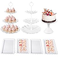7 Pcs Dessert Table Stand Set 2 Pcs 3-Tier Plastic Cupcake Stands 1 Pc Metal White Cake Stand for Party Cookie Tray Rack Serving Tray Display Tower and 4 Pc Dessert Tray for Wedding Baby Shower