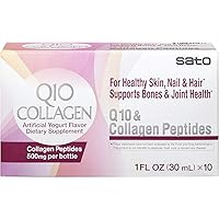 Sato Q10 & Collagen Peptides, for Healthy Skin, Nail& Hair, Supports Bones& Joint Health, 500 mg per Bottle, 1 Fl oz. x 10, 10 Fl Ounce, Made in Japan (Pack of 1)