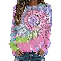 Casual Tie Dye Print Crew Neck Pullover for Women Long Sleeve Loose Sweatshirt Fashion Color Block 2023 Fall Tops