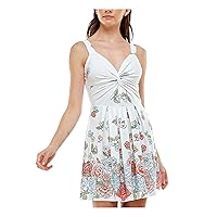 Womens White Twist Front Pleated Padded Bust Smocked Pullover Floral Sleeveless V Neck Short Fit + Flare Dress Juniors S