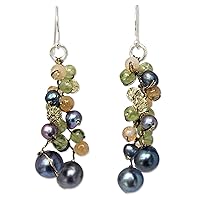 NOVICA Handmade Cultured Freshwater Pearl Peridot Beaded Earrings Citrine Dangle .925 Sterling Silver Brass Plated Glass Multigem Green Multicolor White Yellow Thailand Bohemian Birthstone [2.2 in L x