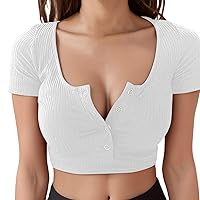 Women's Square Neck Sexy Crop Top Button Ribbed Knit Casual Short Sleeve Blouse Tight Summer Solid Color T-Shirt