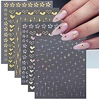 6 Sheets Heart Flowers Star Nail Stickers for Nail Art, Laser Silver Gold Star Flower Nail Decals 3D Self-Adhesive Nail Art Stickers Glitter Star Nail Art Design Decorations for Women DIY Nails Tip