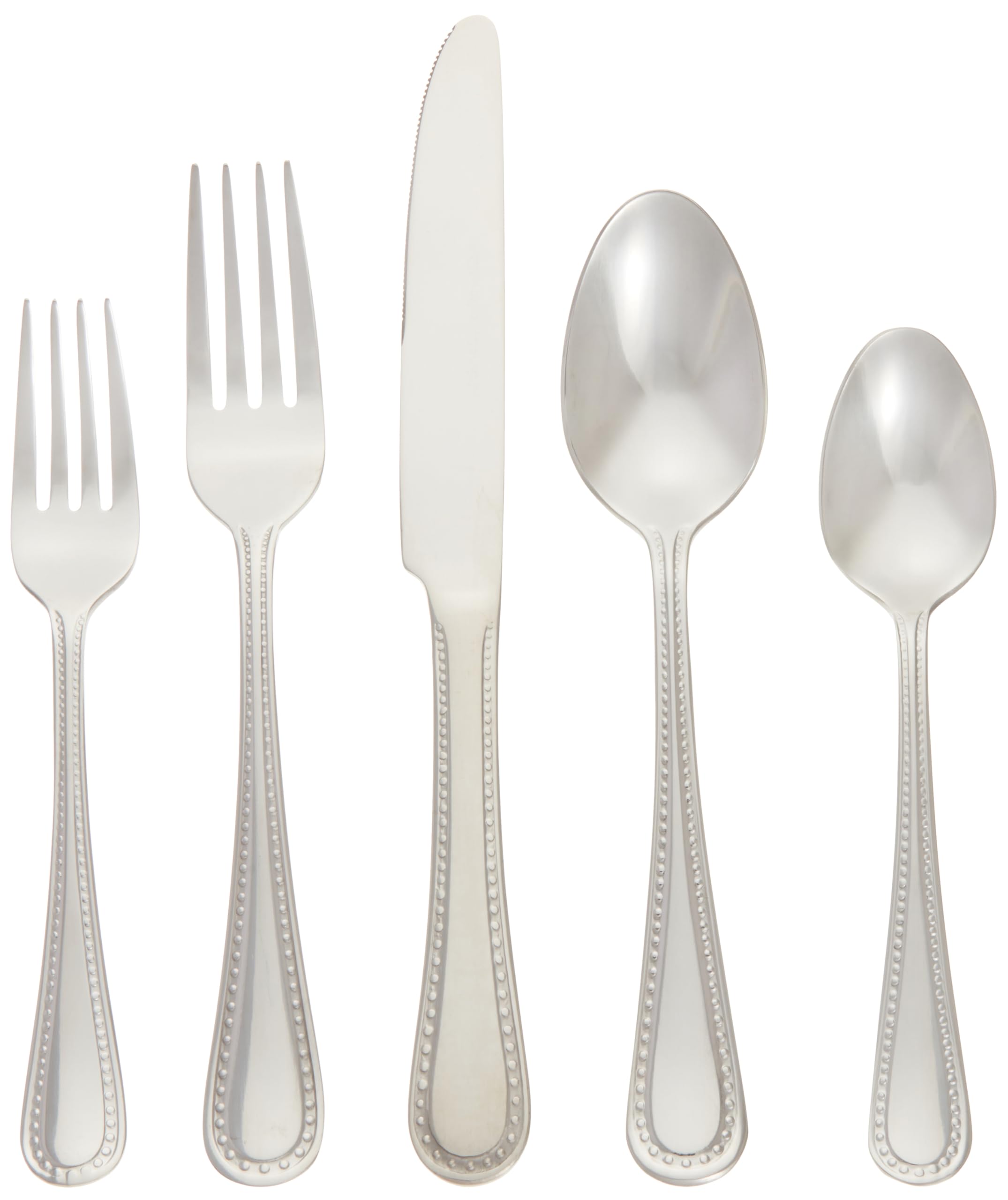 Amazon Basics 20-Piece Stainless Steel Flatware Set with Pearled Edge, Service for 4, Silver